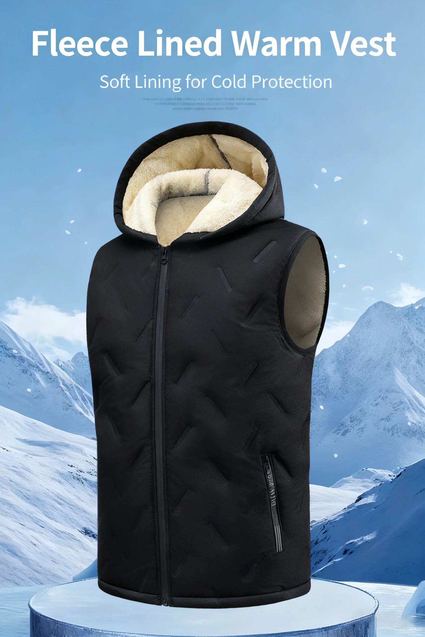 A black hooded fleece vest, suitable for autumn and winter daily warmth style, easy to adjust the hood for autumn and winter