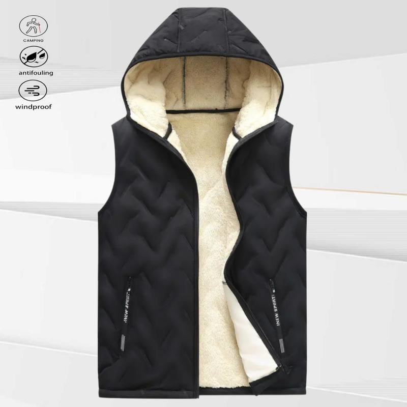 A black hooded fleece vest, suitable for autumn and winter daily warmth style, easy to adjust the hood for autumn and winter