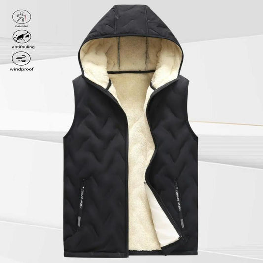 A black hooded fleece vest, suitable for autumn and winter daily warmth style, easy to adjust the hood for autumn and winter