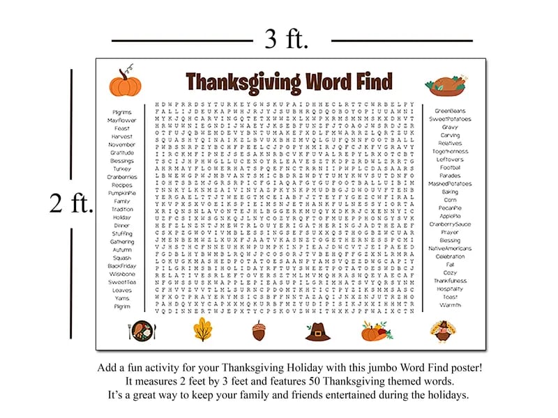 🦃🎉 Jumbo Thanksgiving Word Search Poster – Giant 36"x24" Fun!