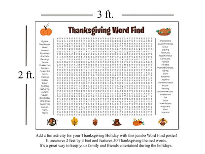 🦃🎉 Jumbo Thanksgiving Word Search Poster – Giant 36"x24" Fun!