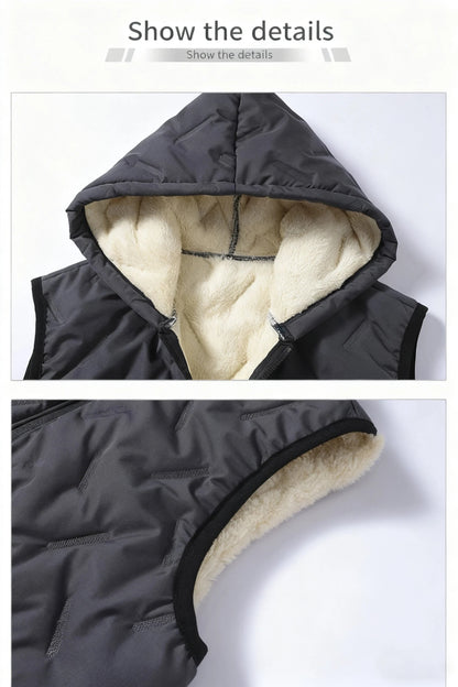 A black hooded fleece vest, suitable for autumn and winter daily warmth style, easy to adjust the hood for autumn and winter