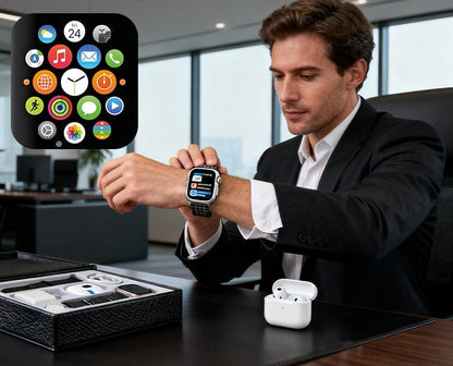 🏆 #1 Bestselling🏆--Smartwatch 6-in-1 Kit: Smartwatch, Bluetooth headphones, 20W fast charger, Type-C fast-charging cable, adapter, and audio support—compact and portable