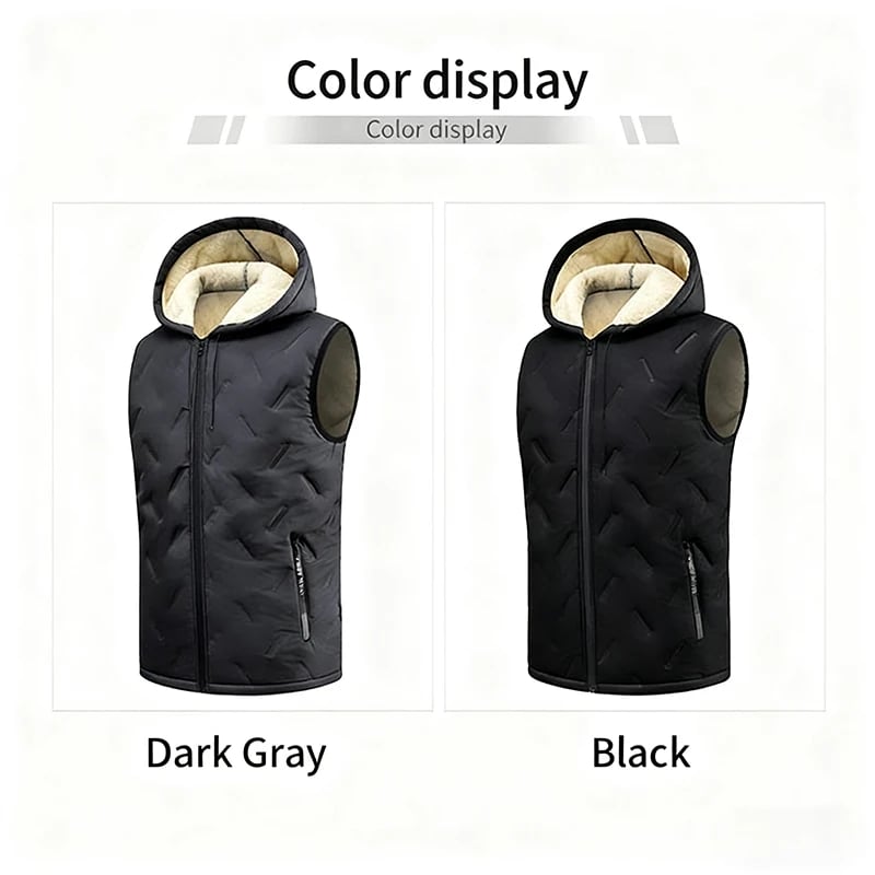 A black hooded fleece vest, suitable for autumn and winter daily warmth style, easy to adjust the hood for autumn and winter