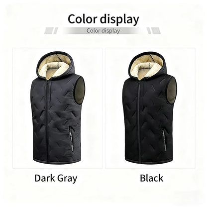 A black hooded fleece vest, suitable for autumn and winter daily warmth style, easy to adjust the hood for autumn and winter