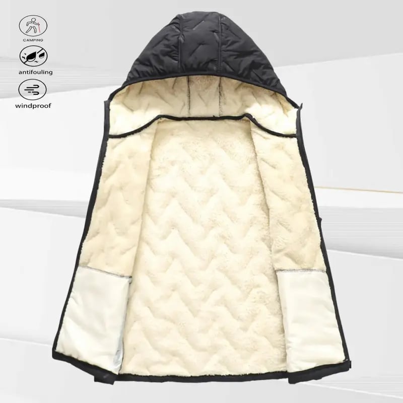 A black hooded fleece vest, suitable for autumn and winter daily warmth style, easy to adjust the hood for autumn and winter