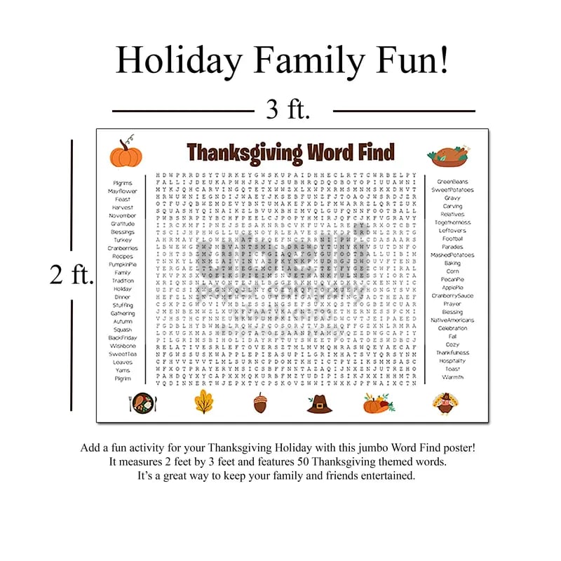 🦃🎉 Jumbo Thanksgiving Word Search Poster – Giant 36"x24" Fun!