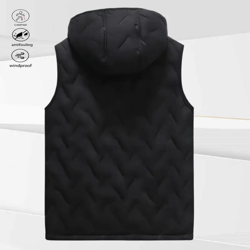 A black hooded fleece vest, suitable for autumn and winter daily warmth style, easy to adjust the hood for autumn and winter