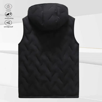 A black hooded fleece vest, suitable for autumn and winter daily warmth style, easy to adjust the hood for autumn and winter